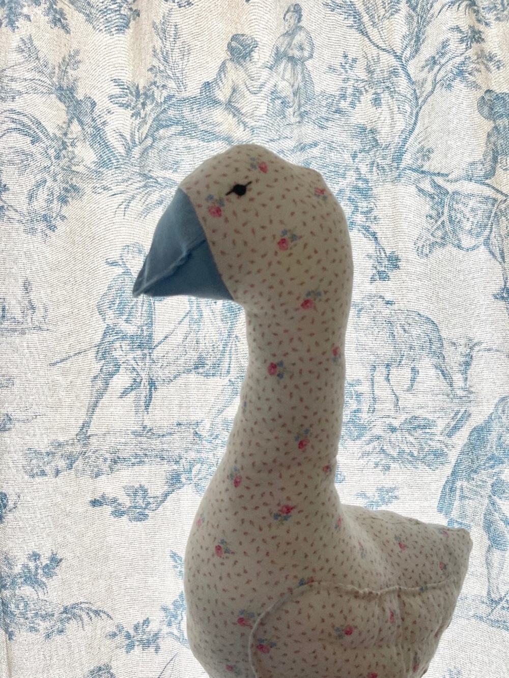 Handmade by seller, completely new, cream, rose and blue goose stuffy
